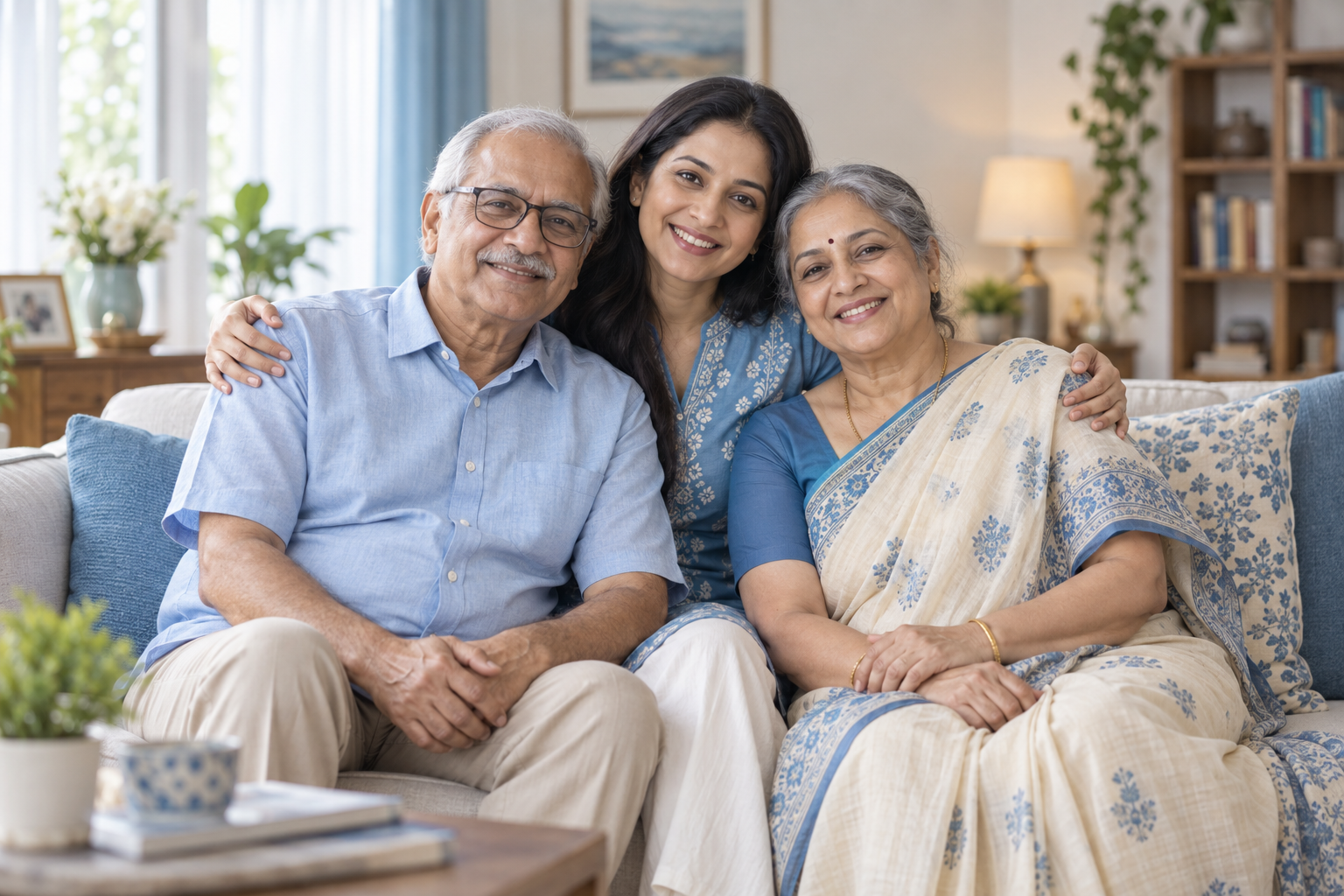 Indian multigenerational family of grandparents and adult daughter sitting together comfortably in a simple bright home, reassuring warm blue and cream palette