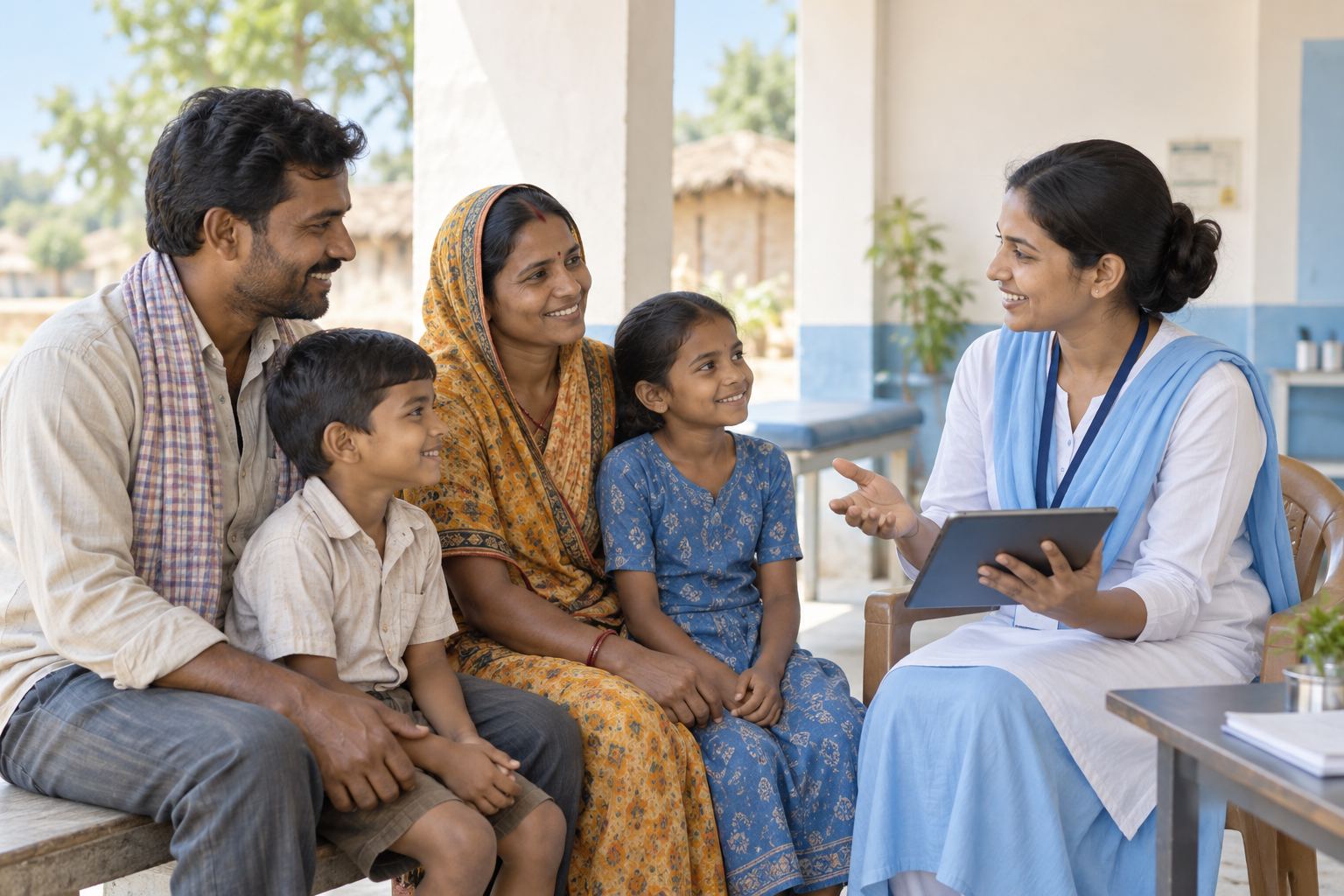 Indian rural family in clean everyday modest clothing speaking with a helpful community health worker in a bright simple public service setting, no signage, logos or government emblems