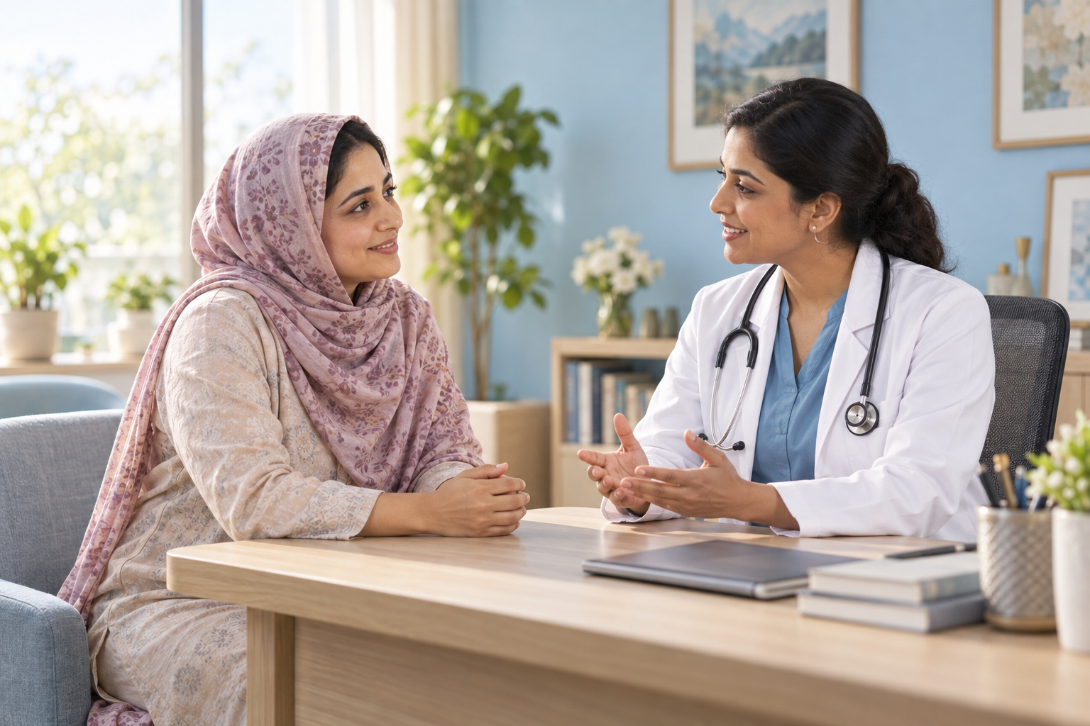 Indian adult woman wearing a tasteful head scarf sharing a hopeful gentle conversation with a female doctor in a sunlit consultation room, fully clothed, no procedures or medical equipment