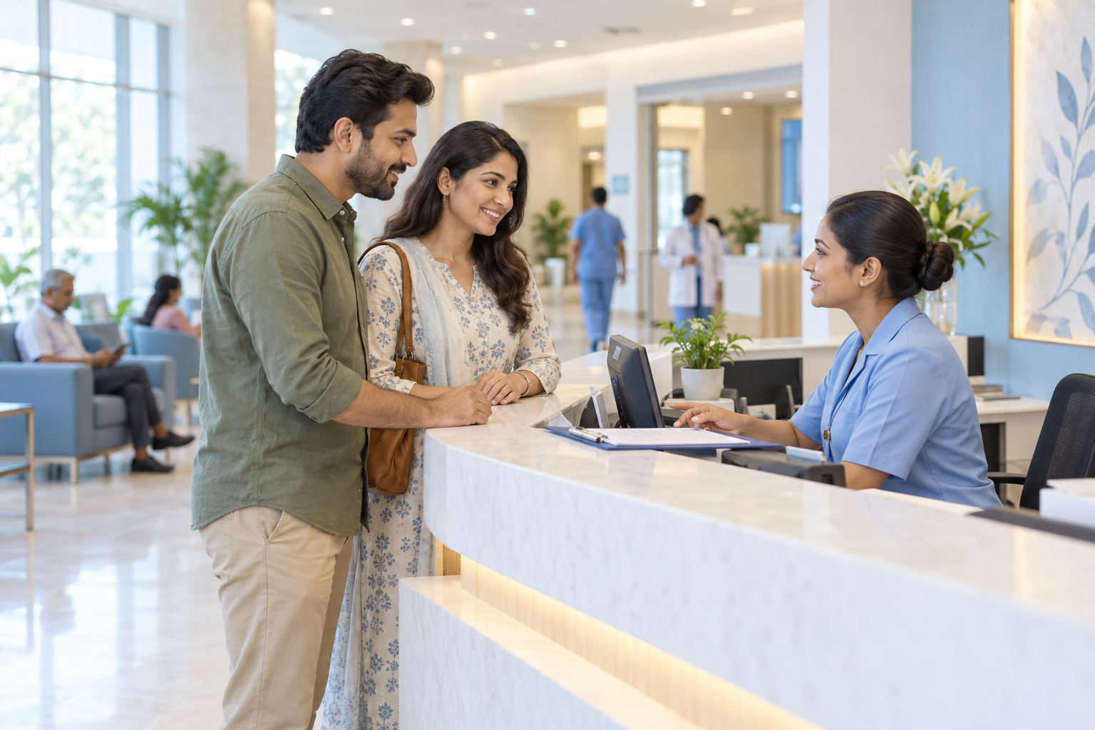 Indian couple speaking calmly to a welcoming hospital receptionist in a modern bright hospital lobby, no branding