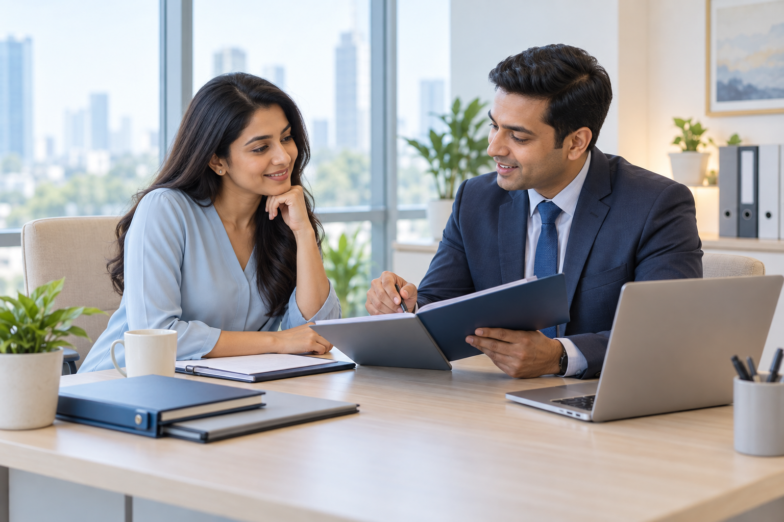 Indian businesswoman meeting an insurance consultant in a modern light office with glass windows and several blank folders