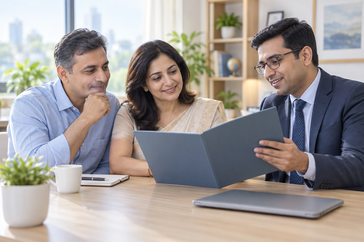 Indian couple in their forties reviewing a blank insurance folder with a caring professional advisor in a bright office
