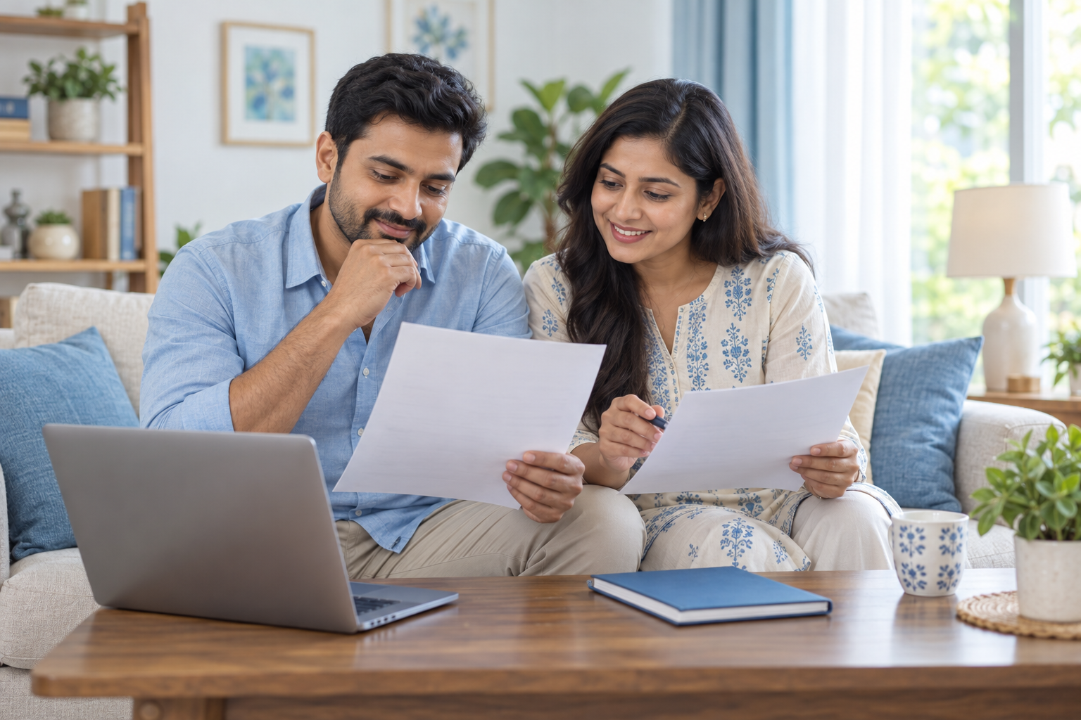 Indian couple comparing blank plan documents with a laptop and blue notebook in a bright home setting