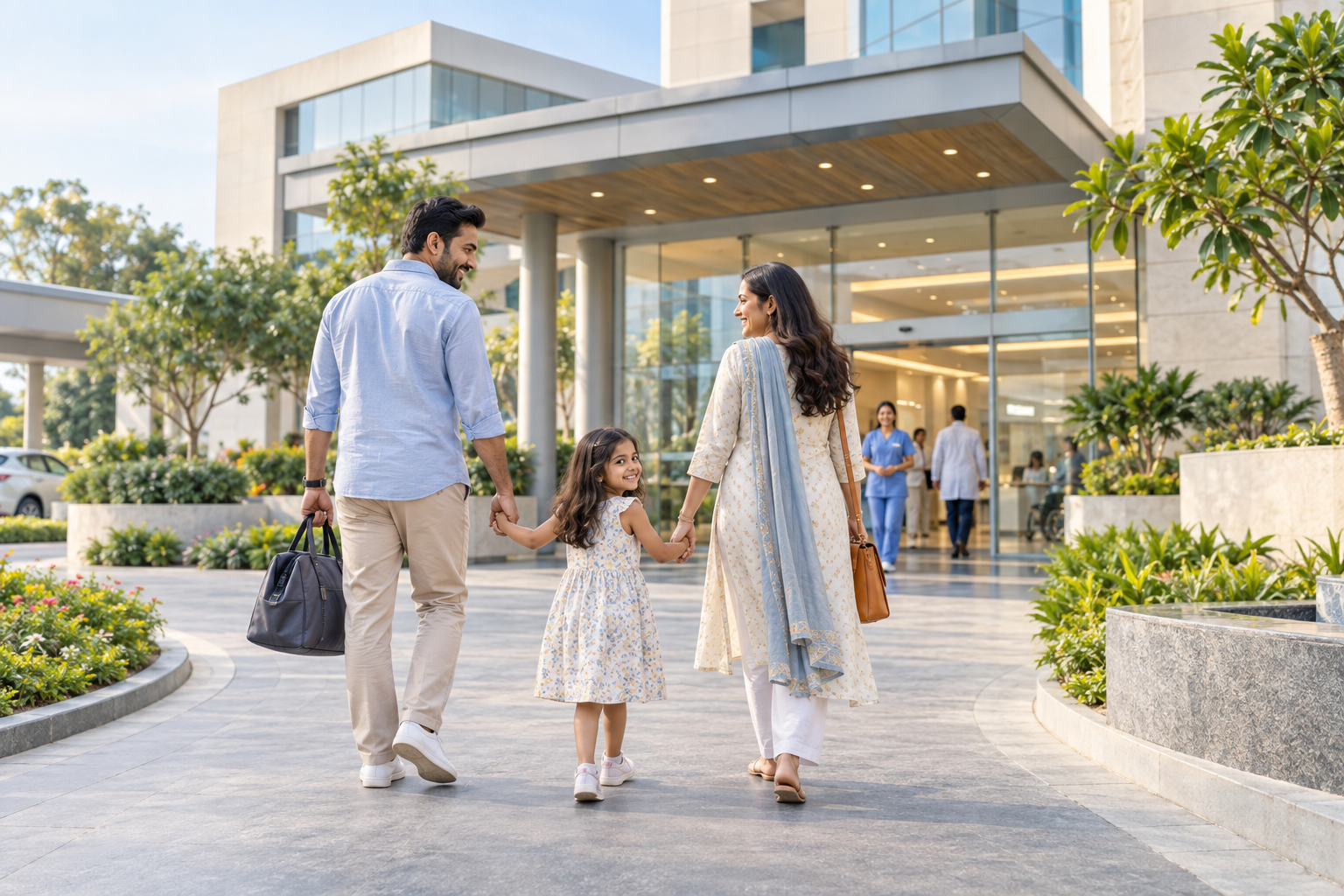 Modern Indian hospital exterior with landscaped entrance, welcoming architecture, small Indian family approaching entrance, no signage