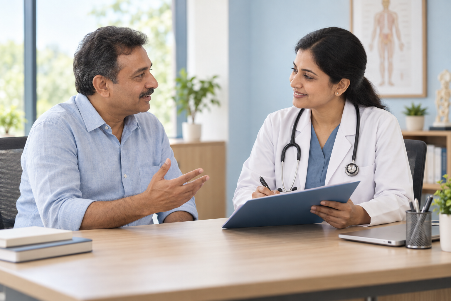 Middle aged Indian man discussing his health history with a friendly Indian doctor at a desk, plain blank medical folder, no visible text