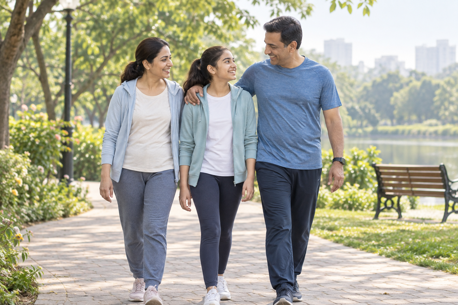 Indian mother and father with teenage daughter walking together through a sunny green park in modest casual sportswear