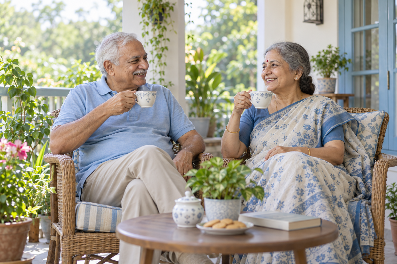 Active elderly Indian couple in their late sixties enjoying morning tea together on a leafy veranda