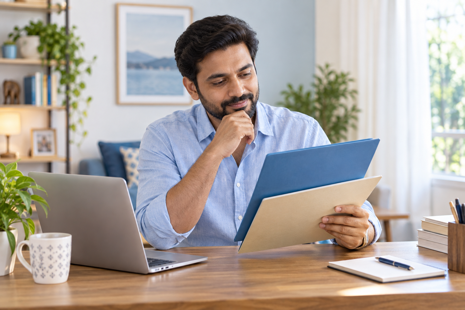 Indian man in his thirties thoughtfully reviewing two stacked blank folders with a blue folder on top at a bright home desk