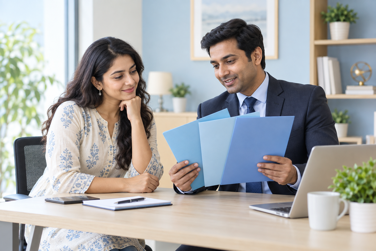 Indian insurance advisor showing three distinct plain pastel blue folders to a young adult Indian client at an airy office desk