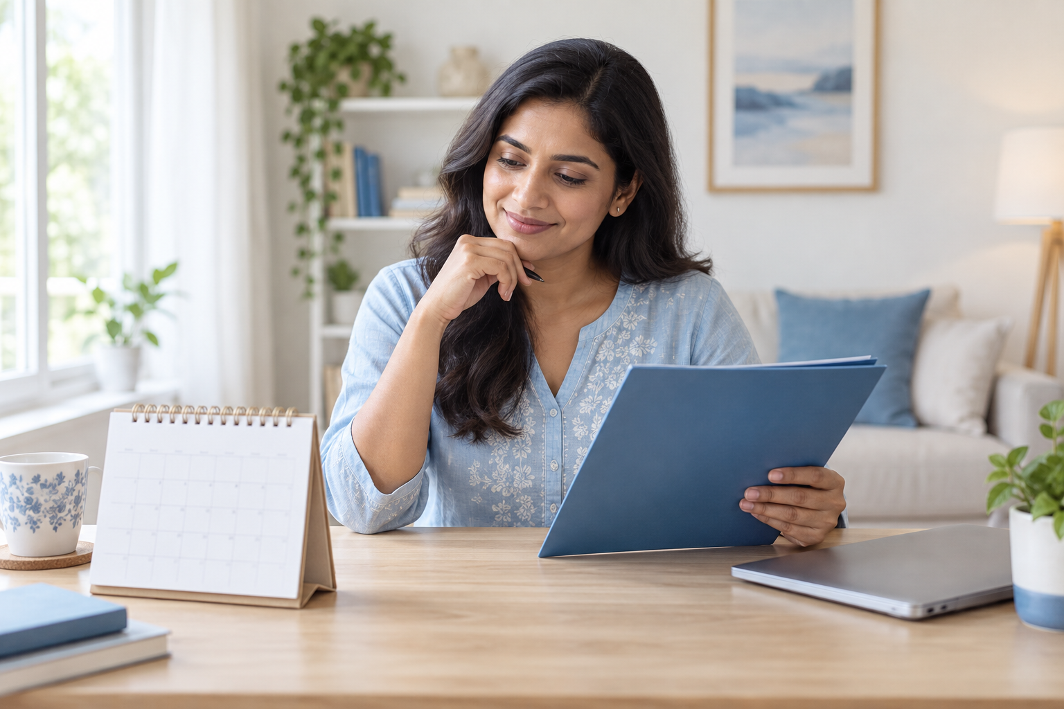 Indian woman at a bright home desk reviewing a blank calendar and a blue insurance folder, minimal blue and cream styling